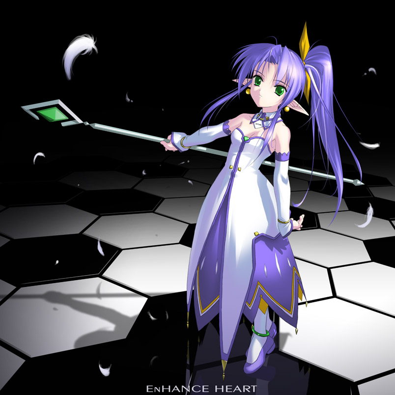 rokuwata tomoe, angelan, virtual on, 1girl, earrings, elf, female focus, jewelry, mecha musume, personification, pointy ears, ponytail, solo