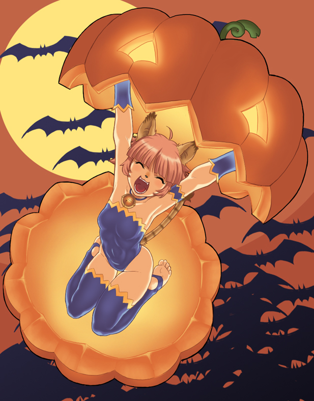 gochou (kedama), mithra (ff11), final fantasy, final fantasy xi, 00s, 1girl, ahoge, animal ears, barefoot, bat (animal), bell, cat ears, cat tail, feet, female focus, full moon, halloween, jack-o'-lantern, moon, pumpkin, solo, tail, thighhighs, toeless legwear