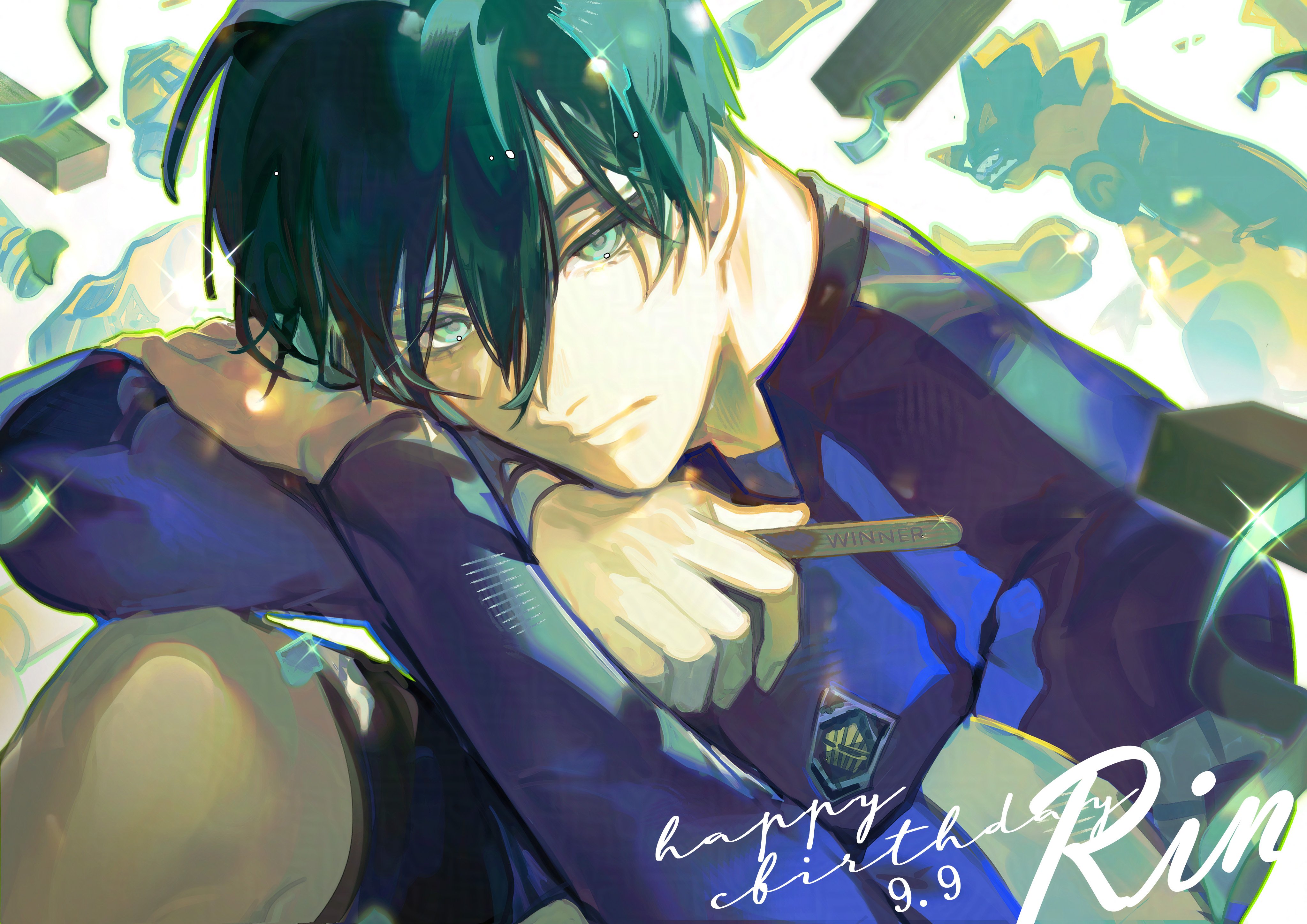 itoshi rin, blue lock, absurdres, highres, 1boy, birthday date, character name, closed mouth, green eyes, green hair, hair between eyes, happy birthday, holding, looking at viewer, male focus, popsicle stick, saeuloveme10, short hair, soccer uniform, solo, sportswear