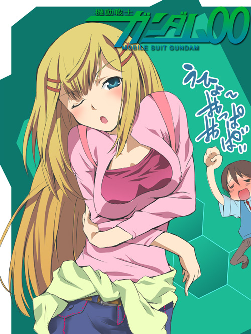 louise halevy, saji crossroad, gundam, gundam 00, 00s, 1boy, 1girl, ;o, blush, breasts, cleavage, clenched hand, clothes around waist, cowboy shot, full-face blush, green background, large breasts, long sleeves, looking at viewer, one eye closed, parted lips, simple background, sweater