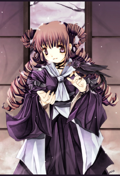zaphk (artist), original, 1girl, bird, bird on hand, dress, drill hair, female focus, long hair, solo