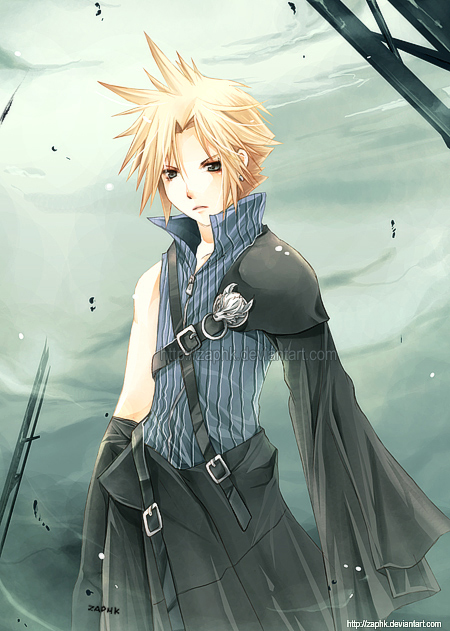 cloud strife, final fantasy, final fantasy vii, final fantasy vii advent children, 00s, 1990s (style), 1boy, blonde hair, male focus, outdoors, sky, solo, watermark