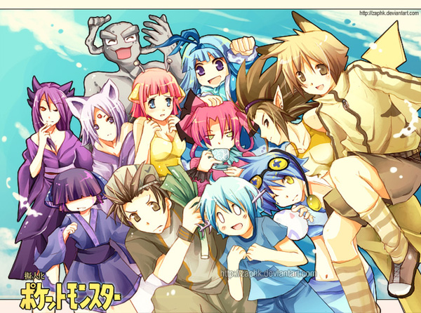 zaphk (artist), altaria, chinchou, espeon, farfetch'd, geodude, girafarig, haunter, pikachu, sandslash, snubbull, wooper, zubat, deviantart, nintendo, pokemon, striped legwear, bad deviantart id, bad id, 4boys, 6+girls, ^ ^, animal ears, blue hair, bow, brown eyes, closed eyes, cosplay, costume, cup, egg, gen 1 pokemon, gen 2 pokemon, gen 3 pokemon, goggles, hair bow, hat, japanese clothes, multiple boys, multiple girls, navel, o o, one eye closed, open mouth, personification, pink hair, pointy ears, purple eyes, smile, socks, spiked hair, spring onion, striped clothes, striped socks, tail, teacup, wink, wristband, yellow eyes