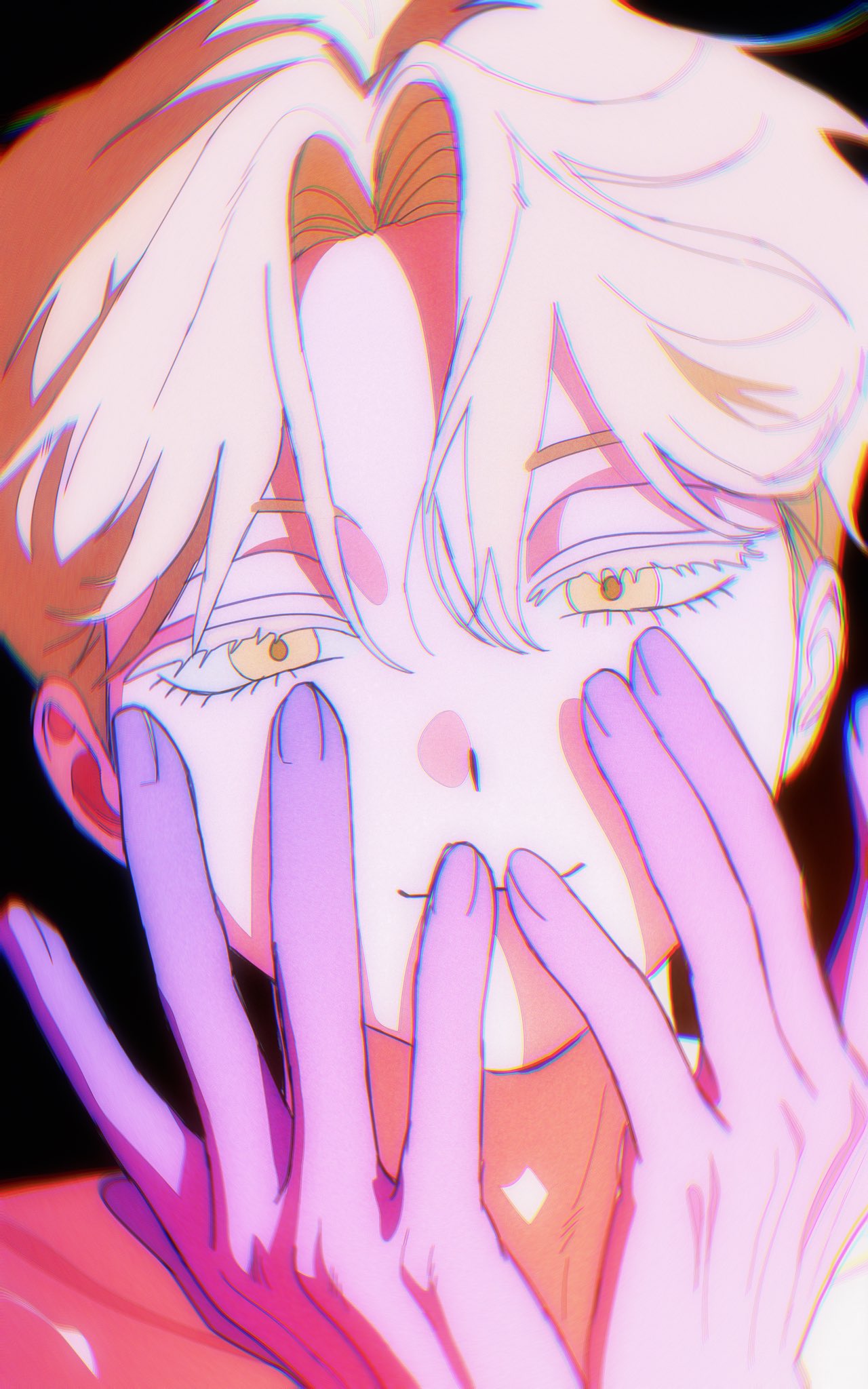 luka (alien stage), alien stage, commentary, highres, 1boy, black background, blonde hair, closed mouth, colored extremities, hand on own face, male focus, phainonsgirlie, short hair, smile, solo, very short hair, yellow eyes