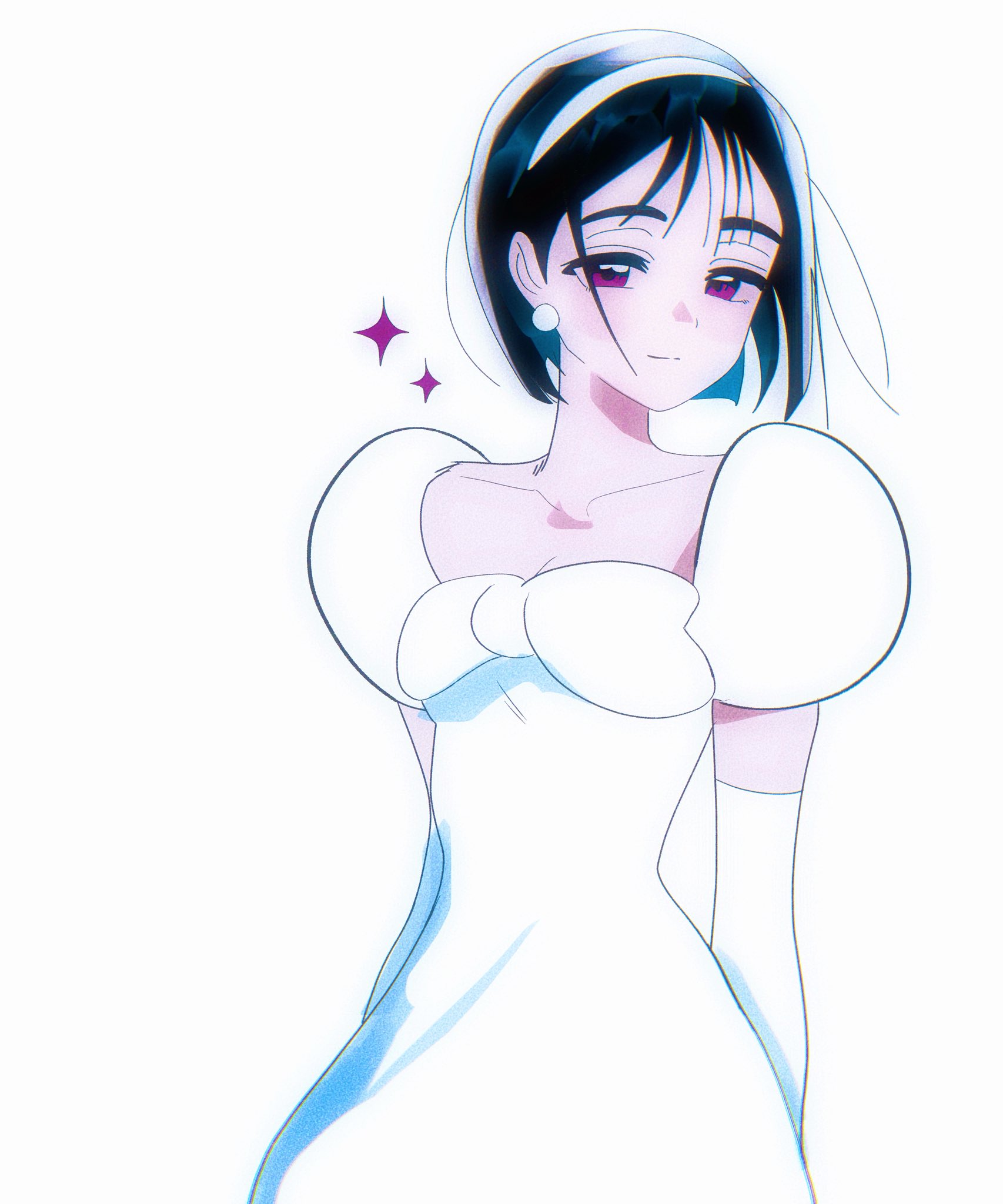 sua (alien stage), alien stage, commentary, hashtag-only commentary, highres, 1girl, adapted costume, black hair, bob cut, bow, chest bow, closed mouth, dress, dress bow, elbow gloves, gloves, hairband, light smile, phainonsgirlie, puffy short sleeves, puffy sleeves, purple eyes, short sleeves, solo, white bow, white dress, white hairband