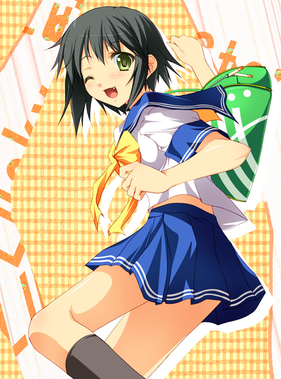 nakano sora, kusakabe misao, lucky star, 00s, bag, black hair, brown hair, fang, school uniform, serafuku, short hair, solo, yellow eyes