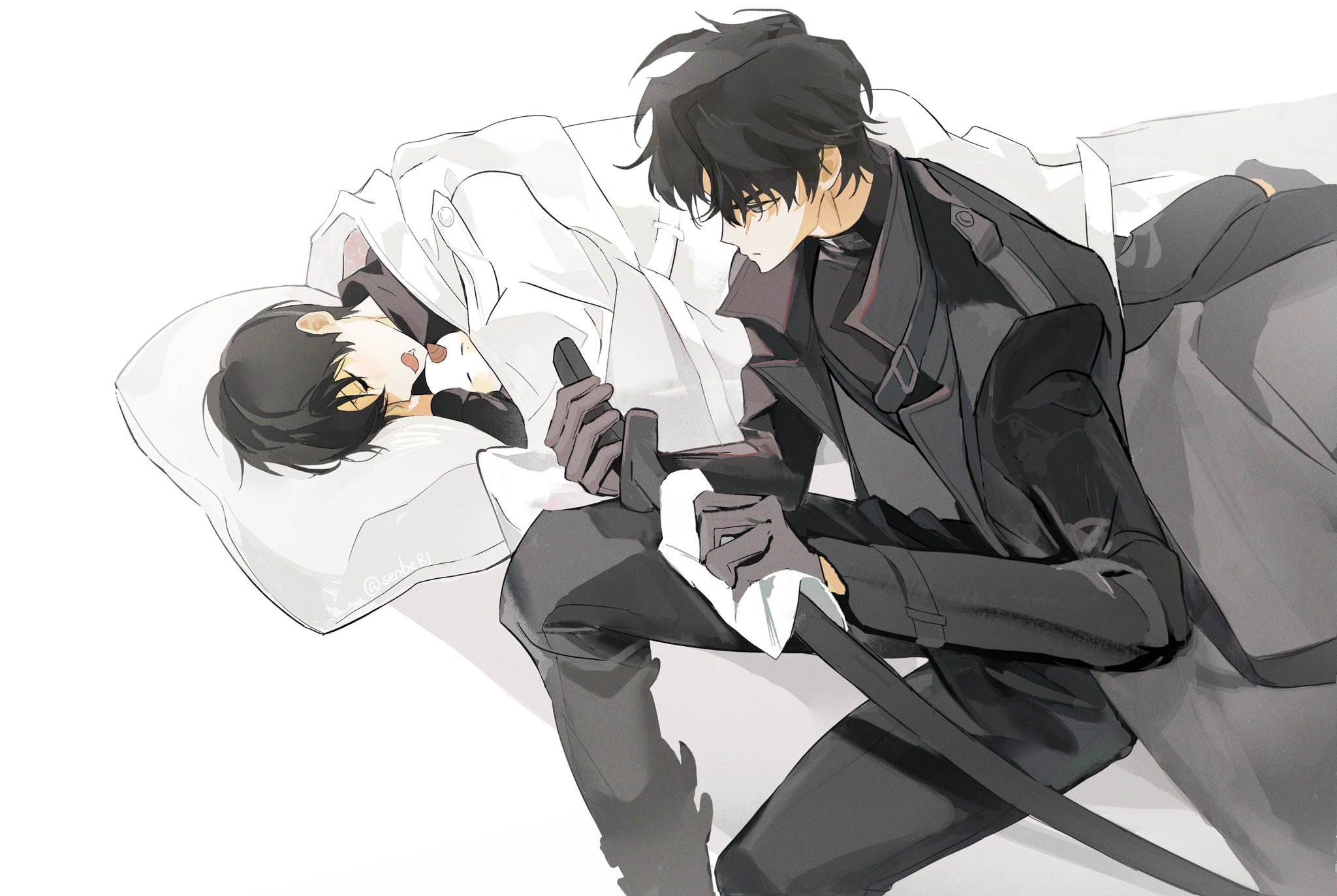 senbe81, biyoo (omniscient reader's viewpoint), dokkaebi, kim dokja, yoo joonghyuk, omniscient reader's viewpoint, highres, 2boys, animal, animal hug, bed, black coat, black gloves, black hair, closed eyes, coat, curtained hair, gloves, head on pillow, holding, holding sword, holding weapon, knees apart feet together, lying, male focus, multiple boys, narrowed eyes, on side, pillow, polishing, popped collar, short hair, slouching, snoring, sword, under covers, weapon, white coat