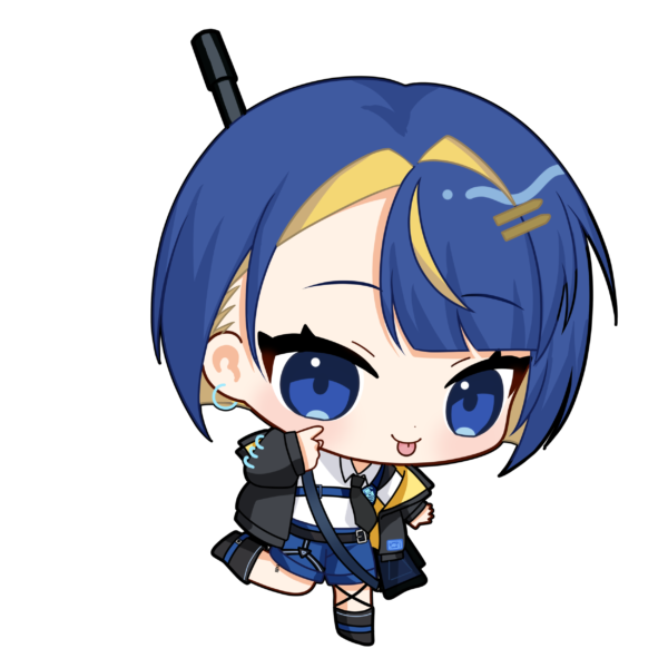 bond en, artist request, 1girl, :p, black jacket, black necktie, black shoes, blonde hair, blue eyes, blue hair, blue shorts, bondlive, chibi, chibi only, collared shirt, colored inner hair, ear piercing, full body, hair ornament, hairclip, jacket, leg up, looking at viewer, multicolored hair, necktie, piercing, shirt, shoes, shorts, simple background, solo, streaked hair, tongue, tongue out, transparent background, virtual youtuber, wazawa chika, white shirt