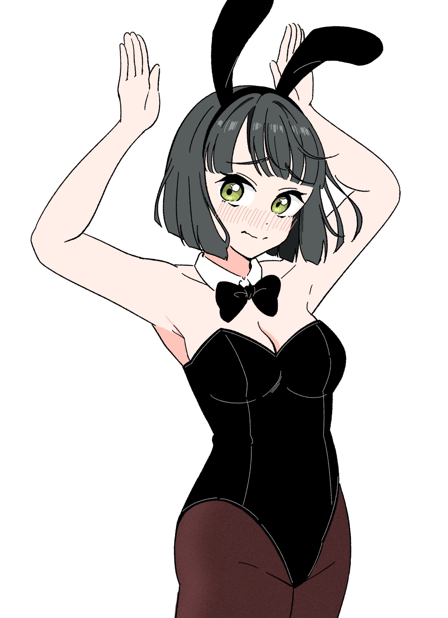 llkapital, momose ginko, link! like! love live!, love live!, highres, 1girl, alternate costume, animal ear hairband, animal ears, armpits, arms up, bare shoulders, black bow, black bowtie, black hair, black hairband, black leotard, blunt bangs, blunt ends, blush, bob cut, bow, bowtie, breasts, brown pantyhose, collarbone, cowboy shot, detached collar, embarrassed, fake animal ears, green eyes, hairband, leotard, looking at viewer, medium breasts, nose blush, pantyhose, playboy bunny, rabbit ear hairband, rabbit ears, rabbit pose, raised inner eyebrows, short hair, simple background, solo, standing, strapless, strapless leotard, traditional bowtie, virtual youtuber, white background