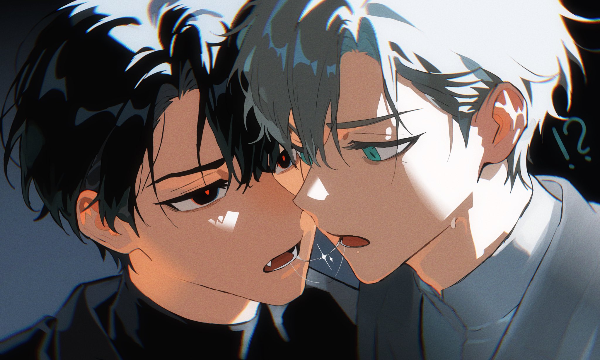 ivan (alien stage), till (alien stage), alien stage, commentary, english commentary, highres, !?, 2boys, after kiss, black eyes, black hair, black shirt, fang, green eyes, grey hair, male focus, multiple boys, open mouth, phainonsgirlie, red pupils, saliva, saliva trail, shirt, short hair, turtleneck, turtleneck shirt, very short hair, white shirt, yaoi