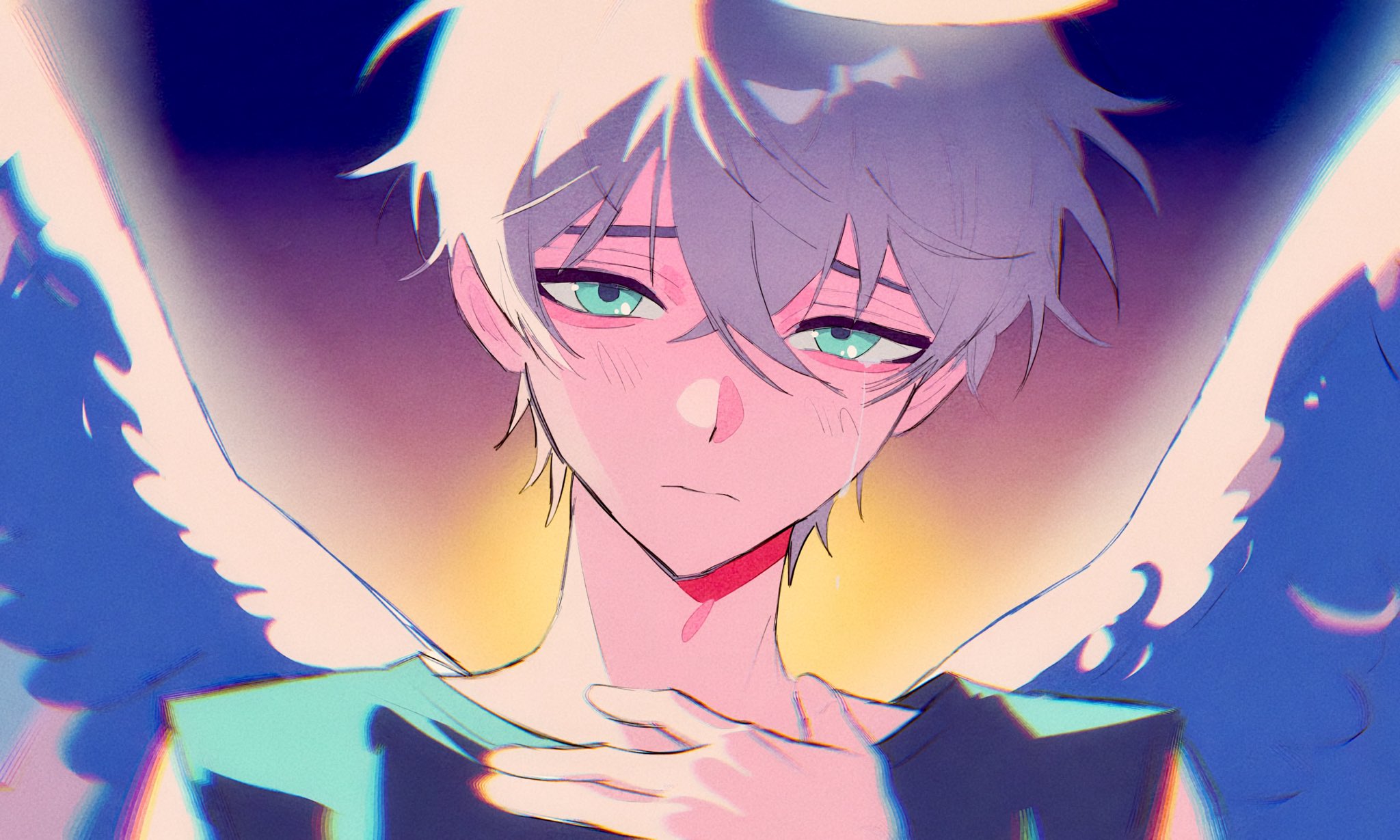 till (alien stage), alien stage, commentary, english commentary, highres, 1boy, angel, angel wings, green eyes, grey hair, grey shirt, grey wings, hair between eyes, halo, male focus, phainonsgirlie, shirt, short hair, sleeveless, sleeveless shirt, solo, very short hair, wings