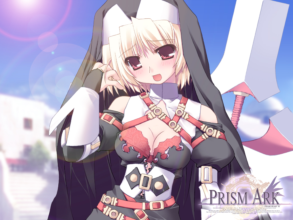 sister hell, prism ark, official art, official wallpaper, 00s, 1girl, belt, belt skirt, black dress, blonde hair, blurry, breasts, buckle, cleavage, cleavage cutout, clothing cutout, copyright name, corset, day, depth of field, detached collar, dress, embarrassed, female focus, head tilt, holding, holding sword, holding weapon, huge weapon, large breasts, lens flare, long sleeves, looking at viewer, narrow waist, outdoors, raised eyebrows, solo, sun, sword, torn clothes, torn dress, upper body, veil, weapon
