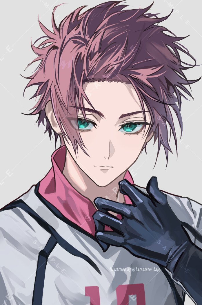 harenzero, itoshi sae, blue lock, 1boy, aqua eyes, black gloves, closed mouth, eyelashes, gloves, looking at viewer, male focus, red hair, short hair, simple background, soccer uniform, solo, sportswear, twitter username, upper body
