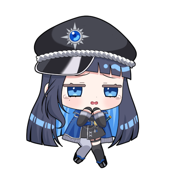 bond en, artist request, 1girl, black dress, black gloves, black hair, black hat, black shoes, black thighhighs, blue coat, blue eyes, blue hair, blush, bondlive, chibi, chibi only, coat, colored inner hair, dress, erebus grey, full body, gloves, grey pantyhose, hat, looking at viewer, multicolored hair, pantyhose, shoes, simple background, single leg pantyhose, solo, tears, thighhighs, transparent background, tsurime, virtual youtuber