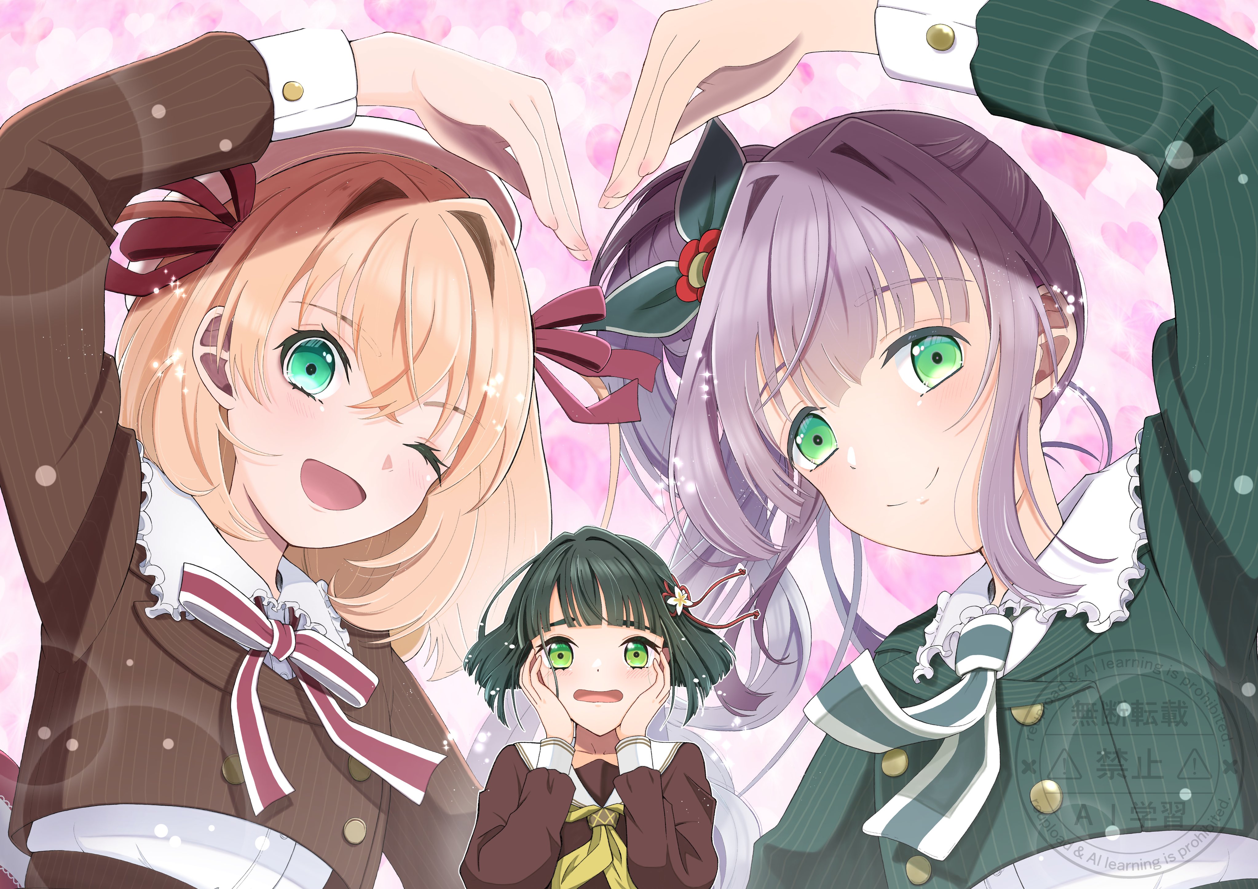 ichi oekaki, hinoshita kaho, momose ginko, otomune kozue, link! like! love live!, love live!, absurdres, commentary, highres, 3girls, ;d, aqua eyes, black hair, blunt bangs, blunt ends, blush, bob cut, brown dress, brown jacket, cerise bouquet, closed mouth, collared shirt, cropped jacket, dress, dress shirt, flower, flower knot, fortune movie (love live!), frilled shirt collar, frills, green eyes, green jacket, green necktie, hair bun, hair flower, hair intakes, hair ornament, hair ribbon, hands on own cheeks, hands on own face, hasu no sora school uniform, heart, heart arms, heart arms duo, heart background, jacket, long hair, long sleeves, looking at viewer, medium hair, multiple girls, neck ribbon, neckerchief, necktie, one eye closed, open mouth, orange hair, pink background, pinstripe jacket, pinstripe pattern, purple hair, red flower, red ribbon, ribbon, sailor collar, sailor dress, school uniform, shirt, short hair, side ponytail, sidelocks, single side bun, smile, split mouth, square-end necktie, striped clothes, striped ribbon, two side up, upper body, vertical-striped clothes, vertical-striped necktie, virtual youtuber, watermark, white flower, white sailor collar, white shirt, winter uniform, yellow neckerchief