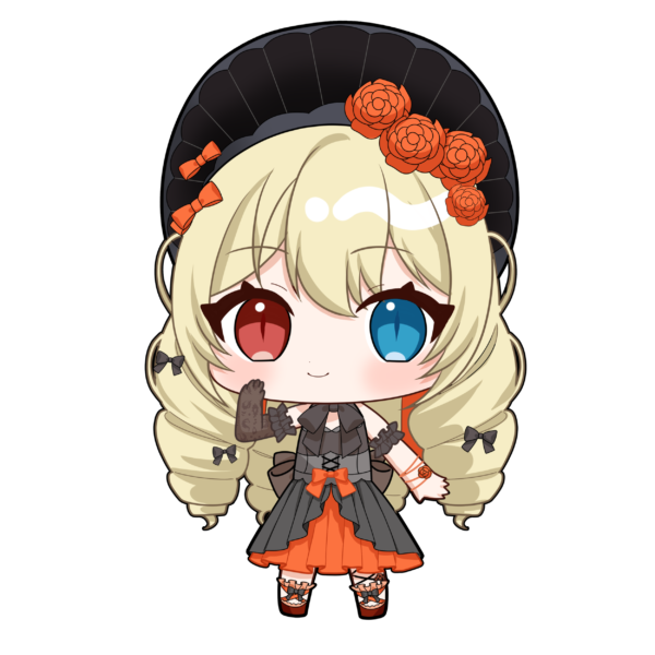 bond en, artist request, 1girl, black dress, blonde hair, blue eyes, blush, bondlive, chibi, chibi only, closed mouth, dress, drill hair, emilie elysee millford, flower, full body, gloves, heterochromia, lace, lace gloves, long hair, looking at viewer, orange flower, red eyes, shoes, simple background, single glove, slit pupils, smile, solo, standing, transparent background, very long hair, virtual youtuber