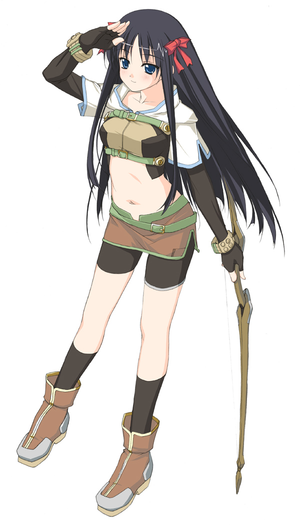 rokuwata tomoe, hunter (ragnarok online), ragnarok online, 1girl, ankle boots, belt, bike shorts, black hair, black socks, blue eyes, blush, boots, bow, bow (weapon), bracelet, elbow gloves, female focus, fingerless gloves, gloves, hair bow, hunter, jewelry, kneehighs, long hair, midriff, miniskirt, navel, ribbon, shading eyes, skirt, smile, socks, solo, weapon