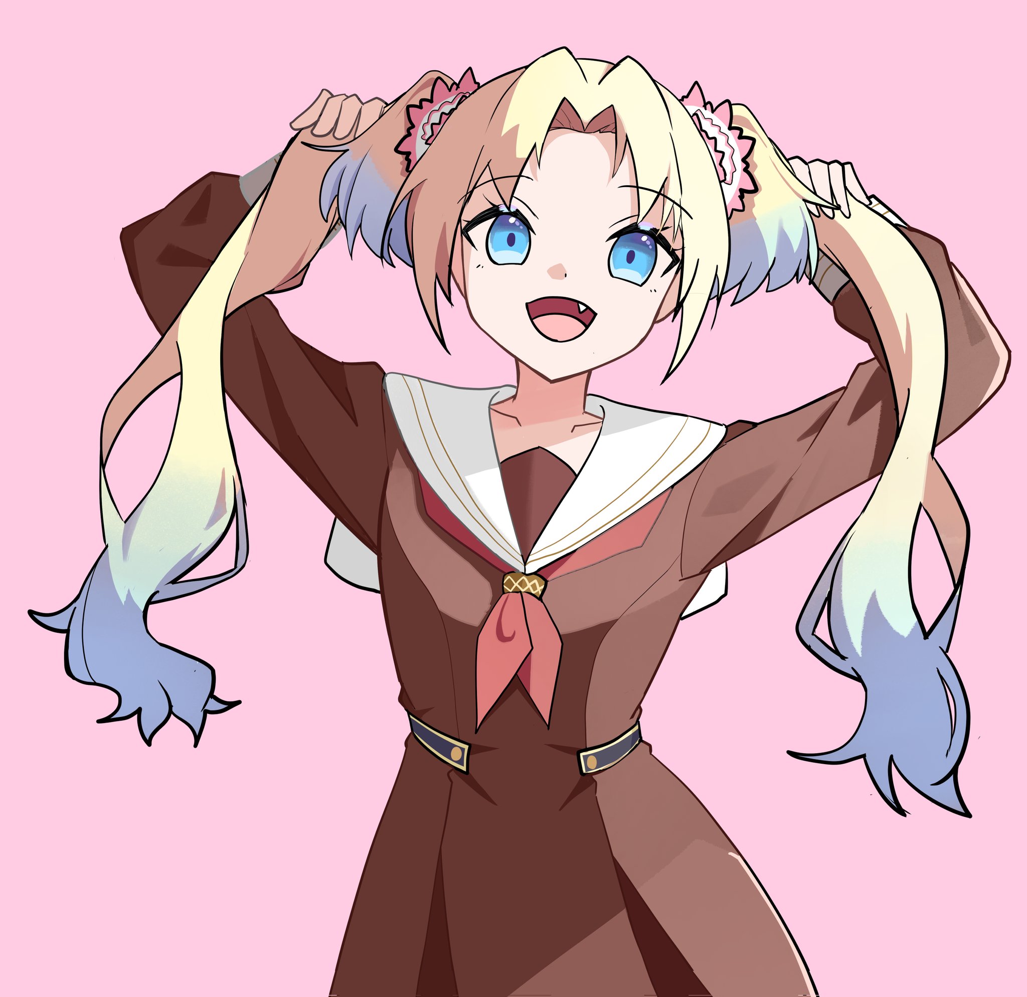 takamichika35, osawa rurino, link! like! love live!, love live!, commentary, highres, symbol-only commentary, 1girl, :d, blonde hair, blue eyes, blue hair, brown dress, collarbone, cowboy shot, curtained hair, dress, fang, flower, hair flower, hair ornament, holding, holding own hair, long hair, long sleeves, looking at viewer, neckerchief, open mouth, parted bangs, pink background, pink flower, pleated dress, red neckerchief, sailor collar, sailor dress, simple background, smile, solo, twintails, very long hair, virtual youtuber, white sailor collar, winter uniform