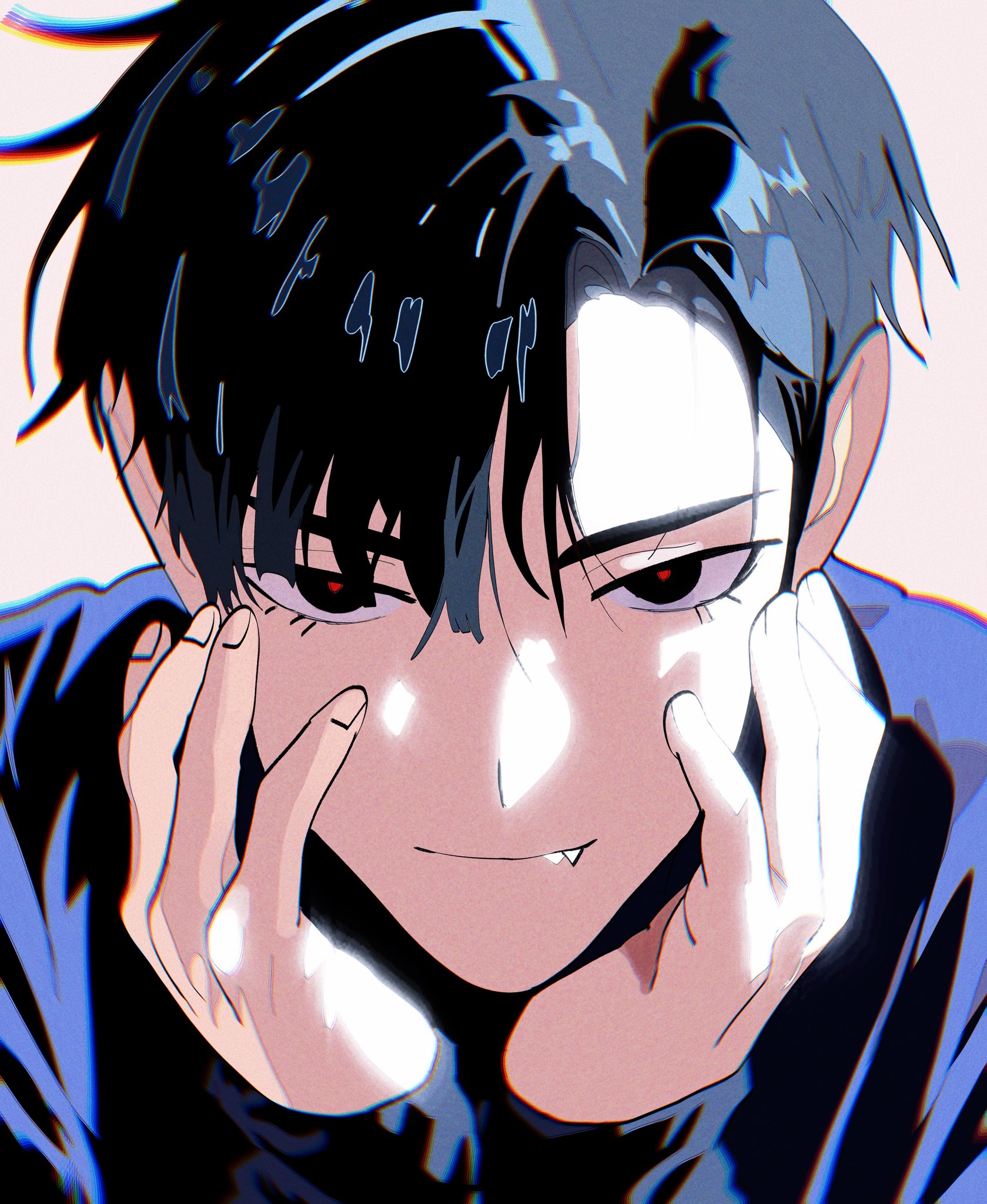ivan (alien stage), alien stage, commentary, hashtag-only commentary, highres, 1boy, black eyes, black hair, black shirt, closed mouth, fang, fang out, hand on own face, long sleeves, looking at viewer, male focus, phainonsgirlie, portrait, red pupils, shirt, solo