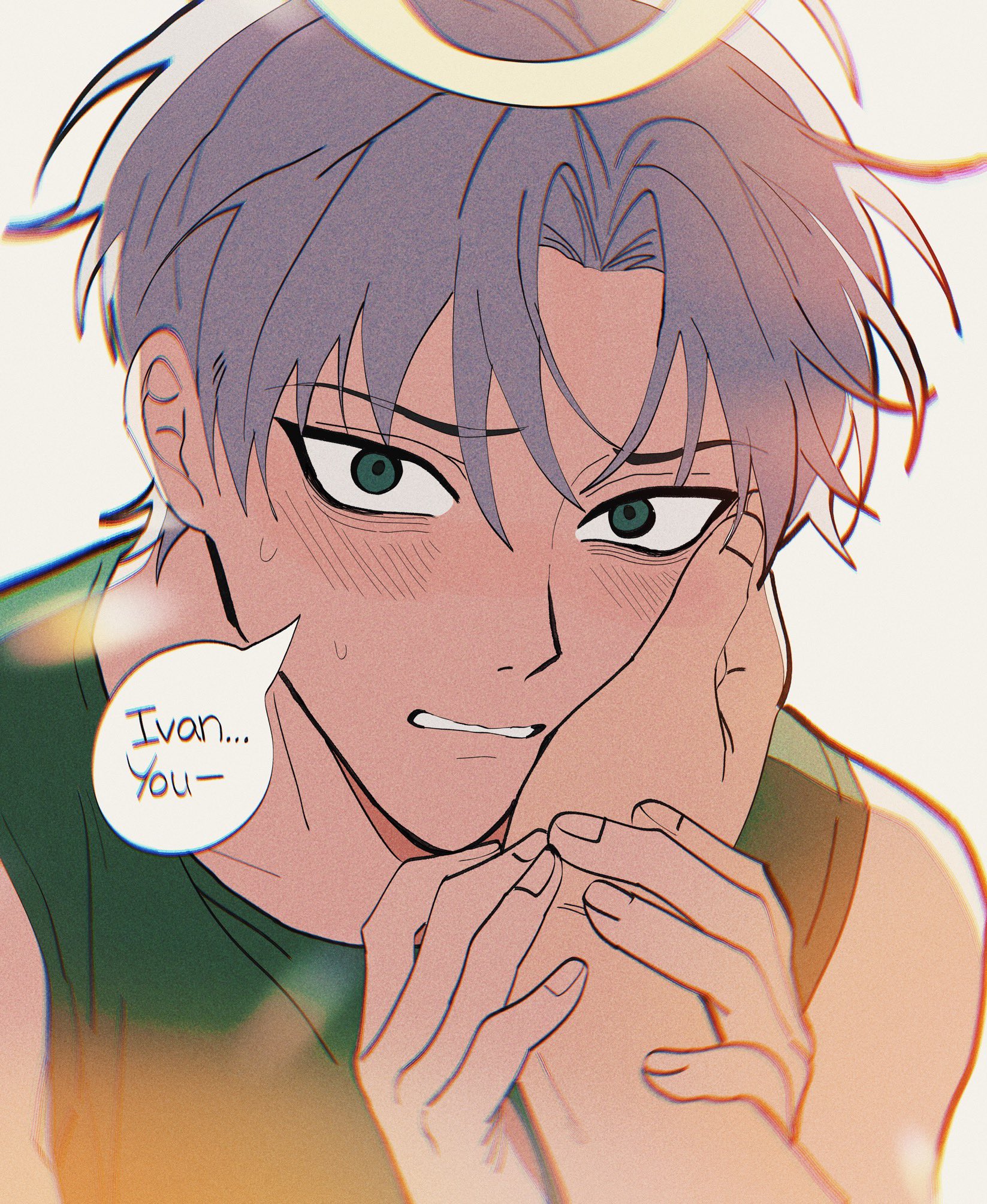 ivan (alien stage), till (alien stage), alien stage, commentary, english commentary, highres, 2boys, english text, green eyes, green shirt, grey hair, halo, hand on another's face, male focus, multiple boys, phainonsgirlie, pov, pov hands, shirt, short hair, sleeveless, sleeveless shirt, solo focus, speech bubble, very short hair