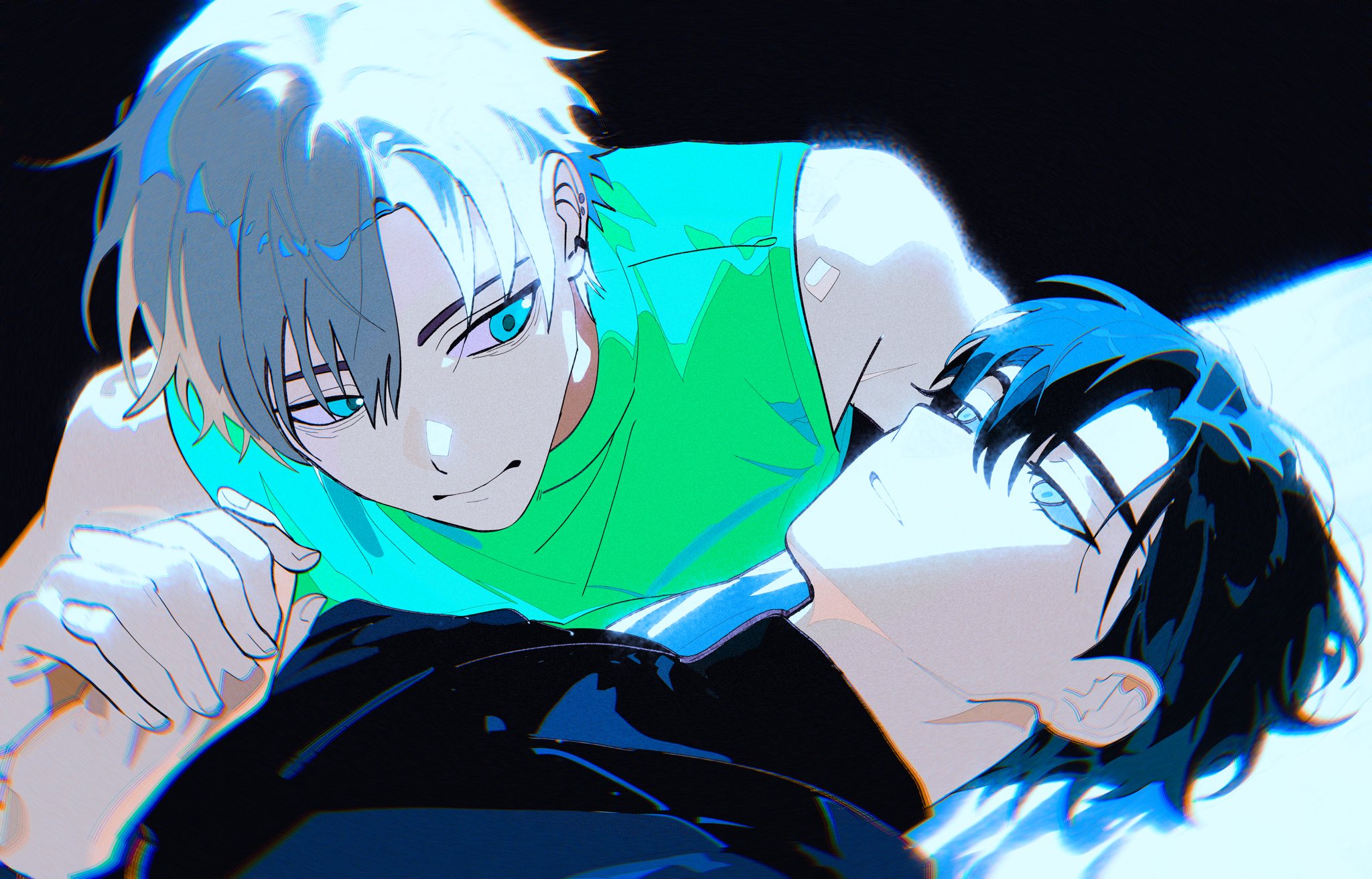 ivan (alien stage), till (alien stage), alien stage, commentary, english commentary, highres, 2boys, alternate eye color, black hair, black shirt, green eyes, green shirt, grey eyes, grey hair, looking at another, lying, male focus, multiple boys, on back, phainonsgirlie, shirt, short hair, sleeveless, sleeveless shirt, turtleneck, turtleneck shirt, very short hair