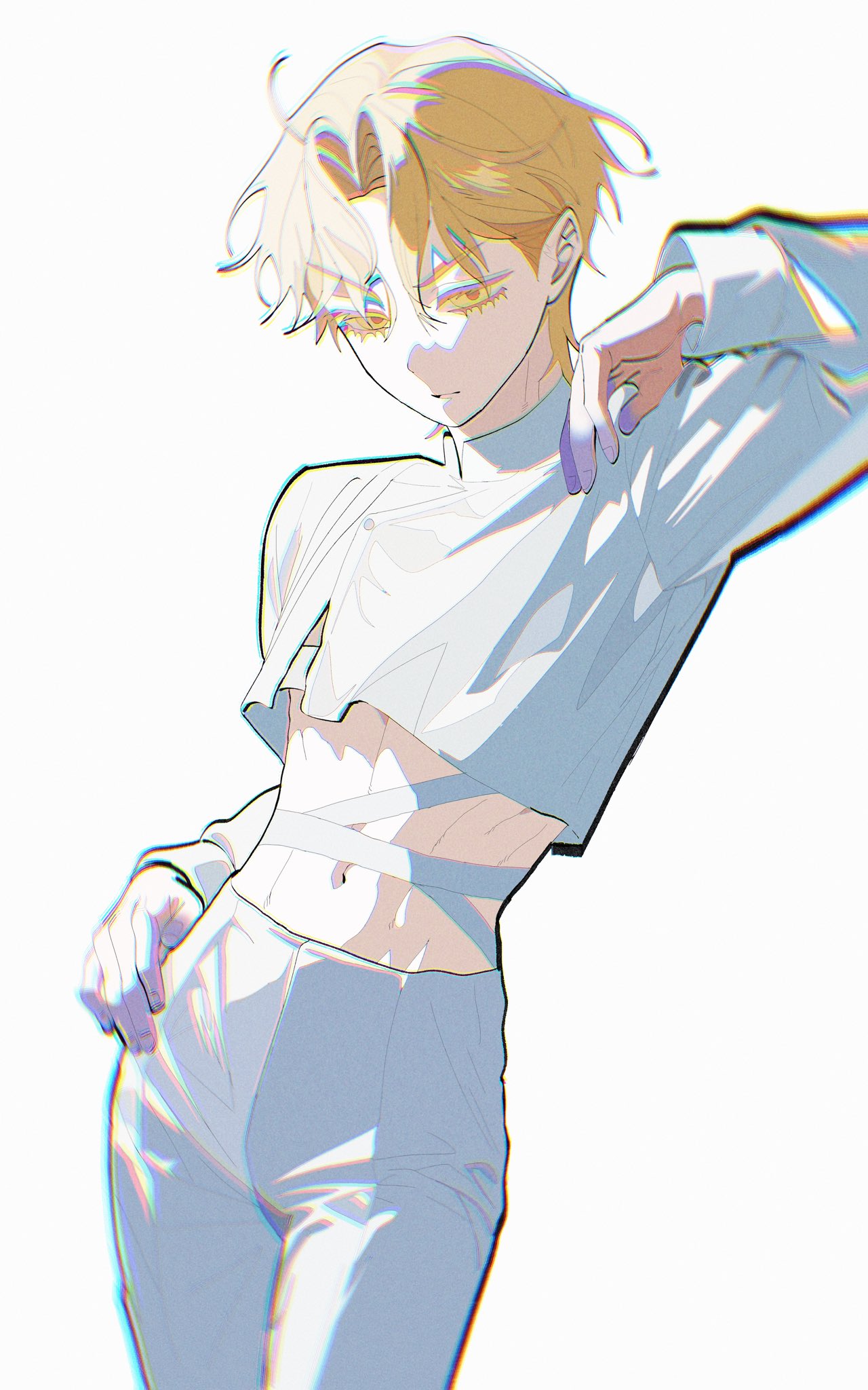 luka (alien stage), alien stage, commentary, highres, 1boy, alternate costume, bandaged torso, blonde hair, colored extremities, colored eyelashes, cowboy shot, crop top, long sleeves, male focus, navel, pants, phainonsgirlie, shirt, short hair, solo, very short hair, white pants, white shirt, yellow eyes