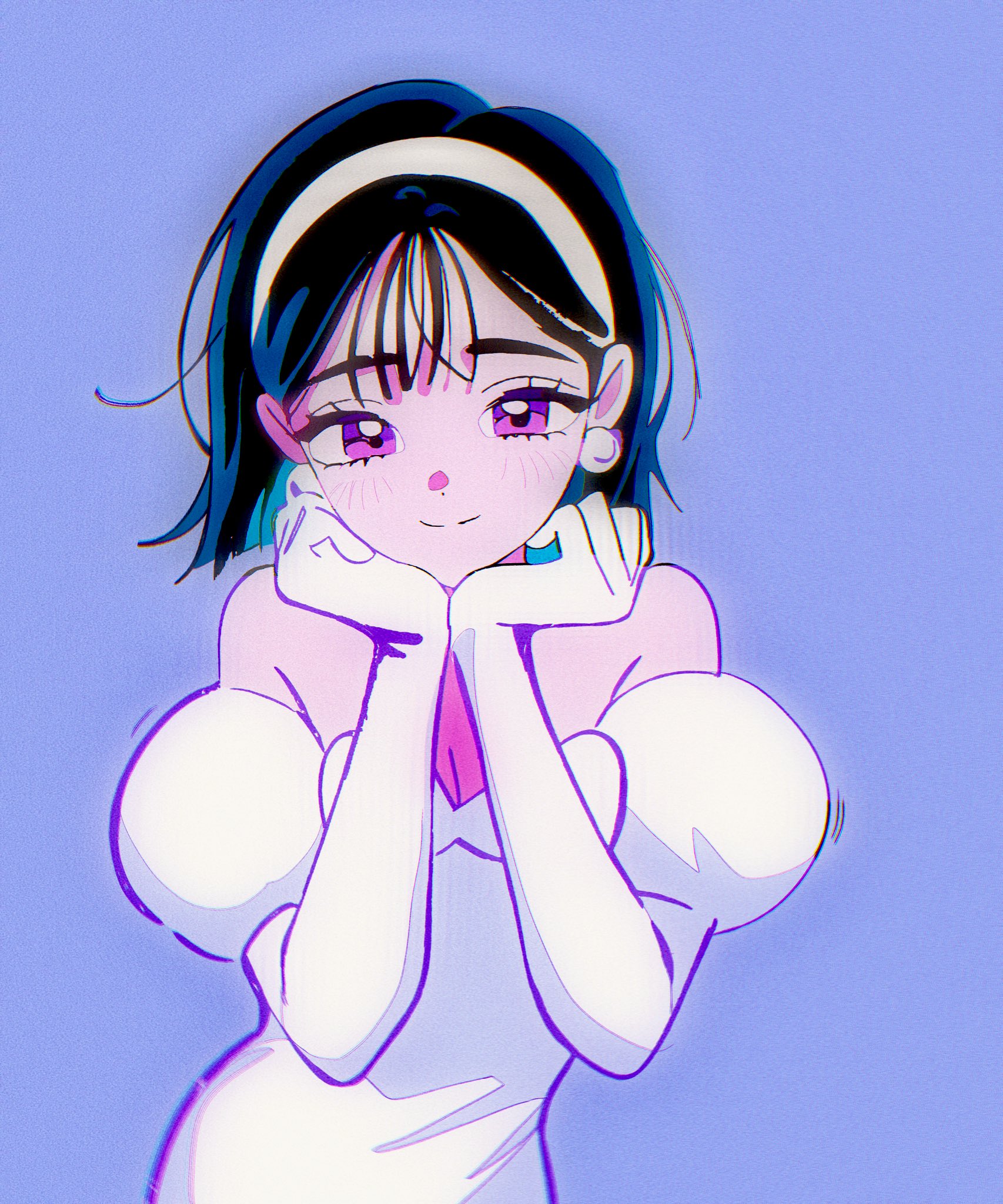 sua (alien stage), alien stage, commentary, hashtag-only commentary, highres, 1girl, black hair, bob cut, bow, chest bow, closed mouth, dress, dress bow, earrings, elbow gloves, gloves, hairband, head on hands, jewelry, juliet sleeves, long sleeves, loose hair strand, off-shoulder dress, off shoulder, pearl earrings, phainonsgirlie, puffy sleeves, purple eyes, short hair, smile, solo, sphere earrings, white bow, white dress, white gloves, white hairband