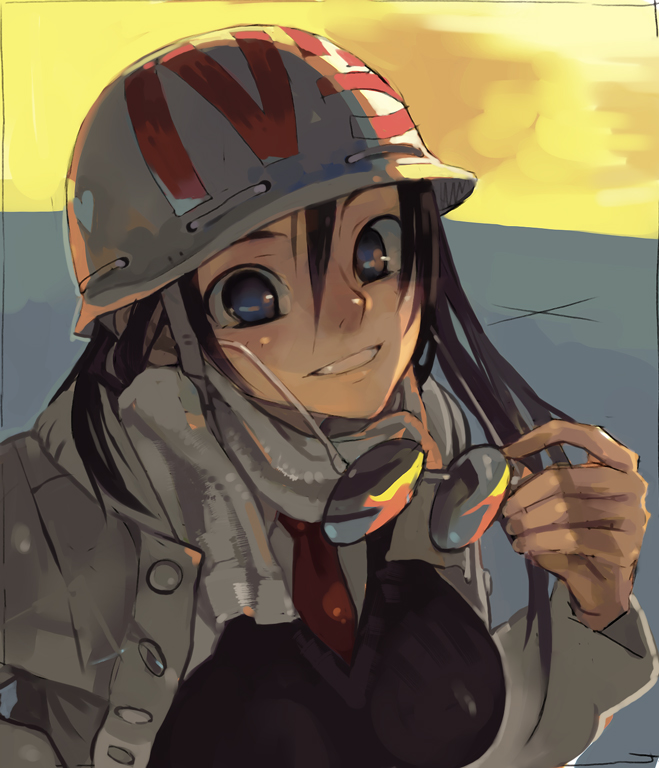 yahagi yuhichi, bad deviantart id, bad id, blazer, glasses, grin, hard hat, helmet, jacket, necktie, scarf, smile, solo, sunglasses