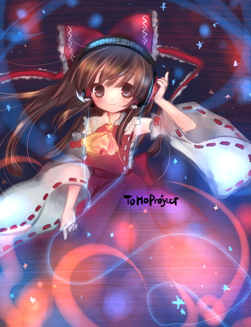 torii sumi, hakurei reimu, mountain of faith, touhou, 1girl, armpits, ascot, bare shoulders, bow, brown eyes, brown hair, detached sleeves, dress, female focus, hair bow, headphones, long sleeves, looking at viewer, red bow, red dress, ribbon-trimmed sleeves, ribbon trim, solo, wide sleeves