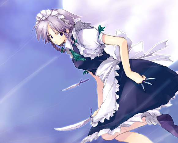 abimaru, izayoi sakuya, touhou, silver hair, 1girl, aqua ascot, ascot, braid, female focus, purple shoes, shoes, short hair, solo, twin braids