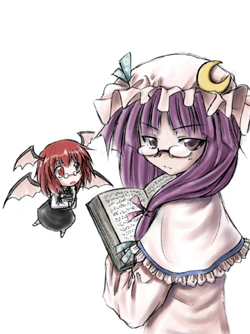 aozora market, koakuma, patchouli knowledge, embodiment of scarlet devil, touhou, lowres, 2girls, bat wings, bespectacled, female focus, glasses, hat, head wings, multiple girls, purple eyes, purple hair, red eyes, red hair, wings