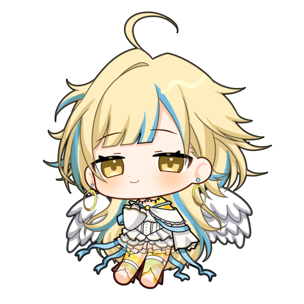 bond en, artist request, 1girl, ahoge, barefoot, blonde hair, blue hair, blush, bondlive, closed mouth, dress, earrings, erin fortoro, feathered wings, full body, jewelry, long hair, looking at viewer, multicolored hair, simple background, smile, solo, streaked hair, transparent background, two-tone hair, very long hair, virtual youtuber, white dress, white wings, wings, yellow eyes