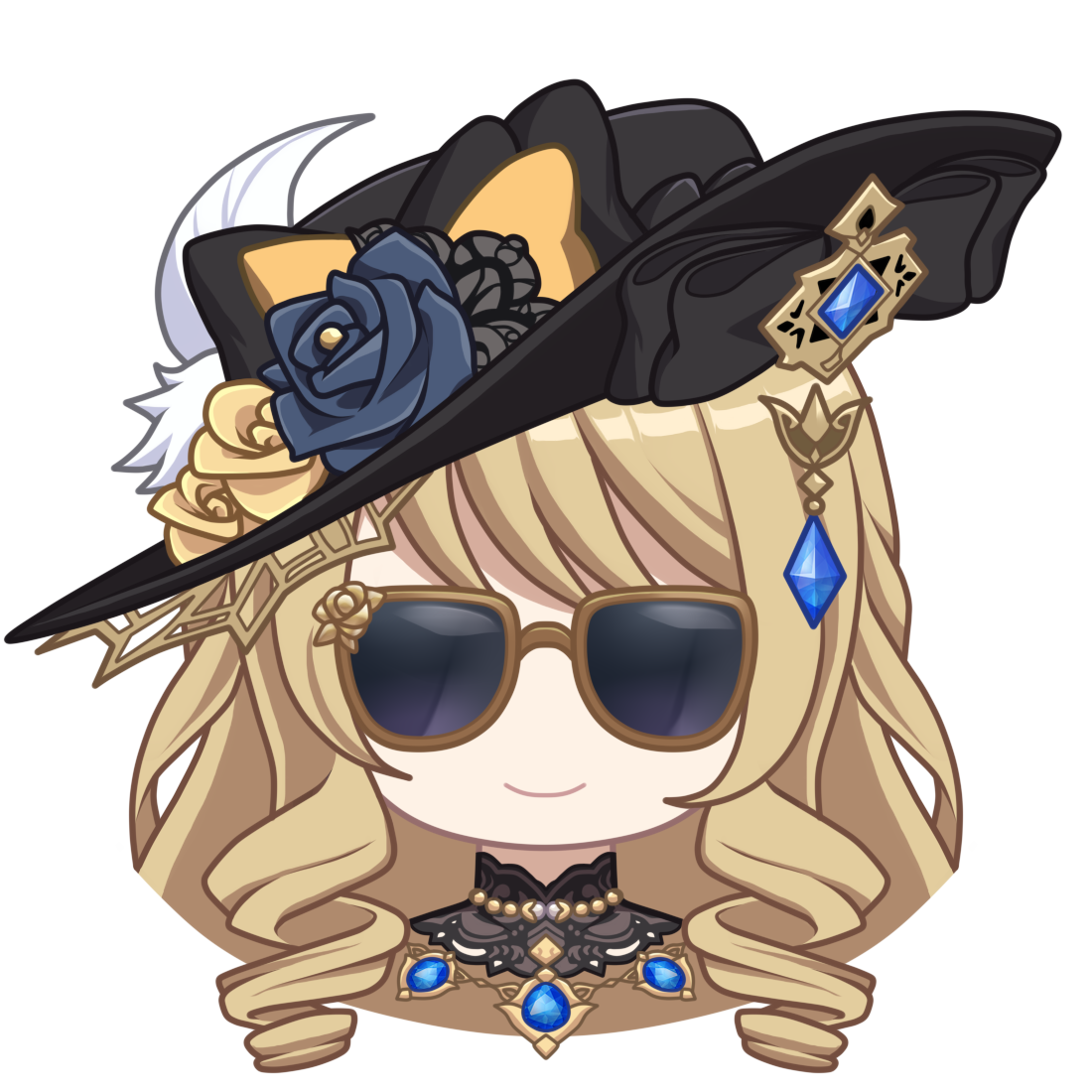 zephylyne, navia (genshin impact), genshin impact, commentary, 1girl, black hat, blonde hair, blue flower, blue rose, drill hair, drill sidelocks, facing viewer, flower, hat, hat flower, jewelry, long hair, necklace, rose, sidelocks, simple background, solo, sunglasses, white background