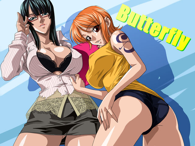 kagami, nico robin, one piece, nami, 2girls, bra, breasts, cleavage, glasses, lingerie, miniskirt, multiple girls, open clothes, open shirt, skirt, underwear
