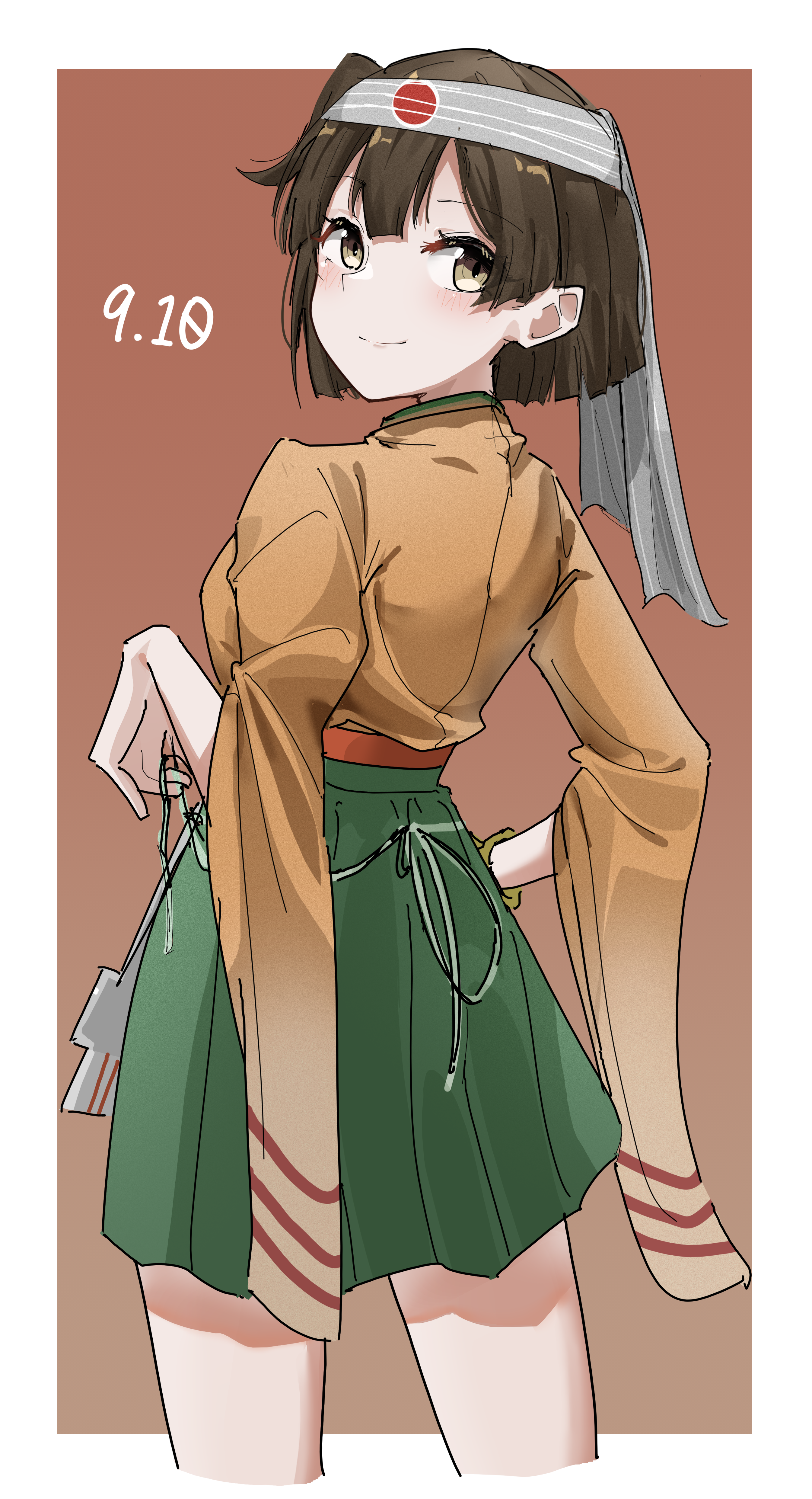 ningfeng233, hiryuu (kancolle), hiryuu kai ni (kancolle), kantai collection, absurdres, commentary request, highres, 1girl, blush, border, brown background, brown eyes, brown hair, cowboy shot, dated, from behind, green hakama, green skirt, hakama, hakama short skirt, hakama skirt, headband, japanese clothes, kimono, looking at viewer, looking back, one side up, orange kimono, short hair, skirt, smile, solo, white border, yellow kimono