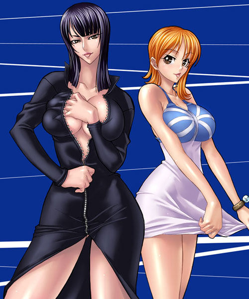 kagami hirotaka, nami (one piece), nico robin, one piece, 2girls, :p, bare shoulders, bikini, bikini top only, black dress, black hair, blue background, blush, breasts, brown eyes, cleavage, clothes lift, collarbone, contrapposto, cowboy shot, dress, dress lift, female focus, framed breasts, grabbing another's breast, groping, head tilt, large breasts, legs, log pose, long hair, long sleeves, looking at viewer, multiple girls, no bra, orange hair, short hair, simple background, skirt, standing, swimsuit, tongue, tongue out, white skirt, yellow eyes, zipper