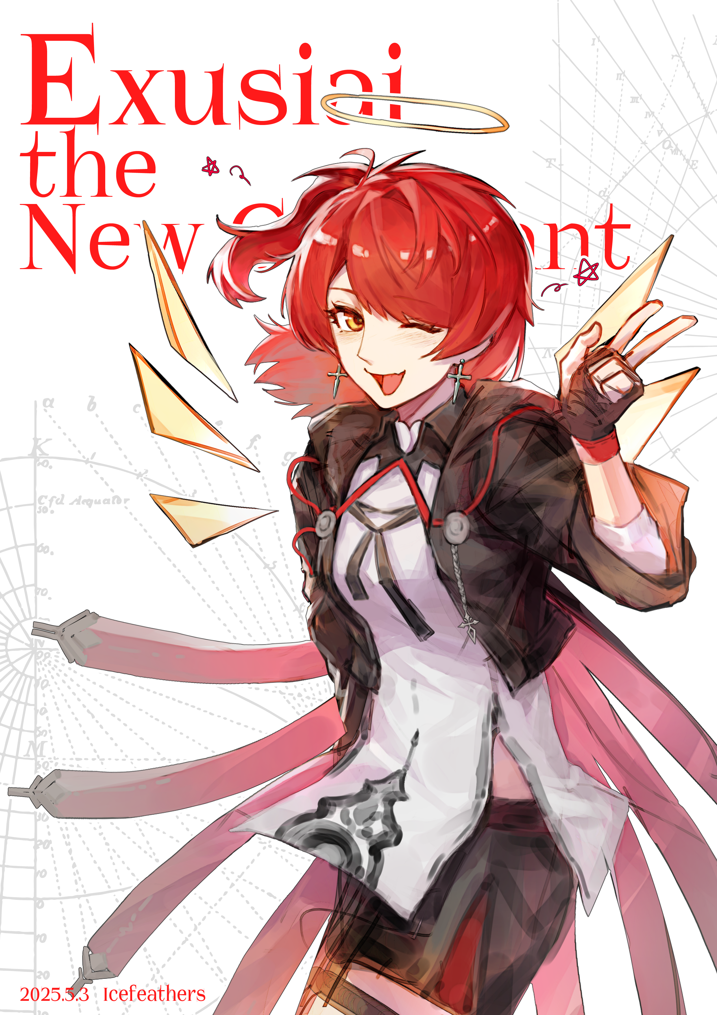 bingyu460, exusiai (arknights), exusiai the new covenant (arknights), arknights, absurdres, chinese commentary, commentary request, highres, 1girl, ;d, black jacket, brown gloves, character name, cowboy shot, cross, cross earrings, dated, detached wings, earrings, fingerless gloves, gloves, halo, hand up, jacket, jewelry, latin cross, looking at viewer, one eye closed, one side up, open mouth, orange eyes, red hair, shirt, short hair, smile, solo, standing, star (symbol), traditional halo, v, white background, white shirt, wings, yellow halo