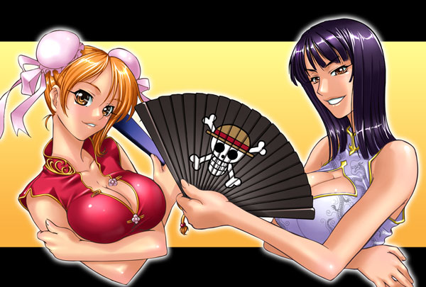 kagami hirotaka, nami (one piece), nico robin, one piece, 2girls, breasts, china dress, chinese clothes, dress, folding fan, hand fan, huge breasts, jolly roger, multiple girls, straw hats jolly roger