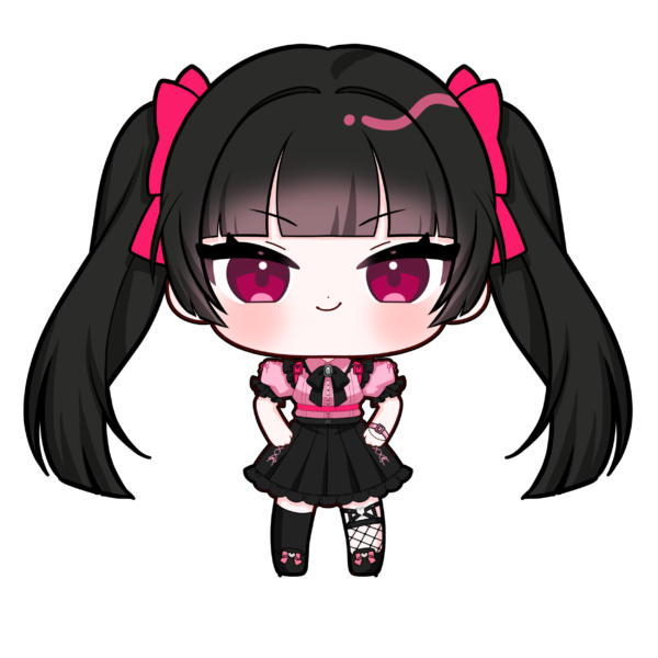 bond en, artist request, 1girl, black hair, black ribbon, black shoes, black skirt, black thighhighs, blunt bangs, blush, bondlive, bracelet, chibi, chibi only, closed mouth, collared shirt, dot nose, full body, hands on own hips, hayami kurayami, jewelry, looking at viewer, pink eyes, pink shirt, pleated skirt, puffy short sleeves, puffy sleeves, ribbon, shirt, shoes, short sleeves, single fishnet legwear, single thighhigh, skirt, smile, solo, thighhighs, twintails, v-shaped eyebrows