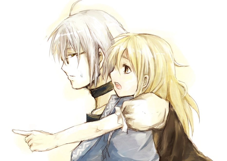 fujikawa daichi, kirisame marisa, morichika rinnosuke, curiosities of lotus asia, touhou, silver hair, 1boy, 1girl, ahoge, blonde hair, choker, dress, glasses, leaning on person, long hair, looking at another, no headwear, open mouth, pointing, short hair, simple background, sweat, white background, yellow eyes