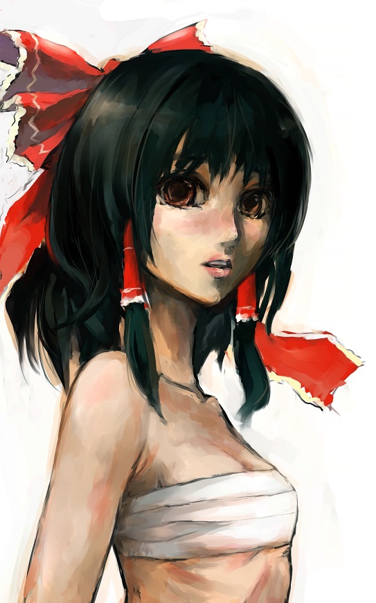 fujikawa daichi, hakurei reimu, touhou, 1girl, bandages, black hair, blush, bow, breasts, brown eyes, cleavage, female focus, hair bow, looking at viewer, red bow, sarashi, simple background, small breasts, solo, white background