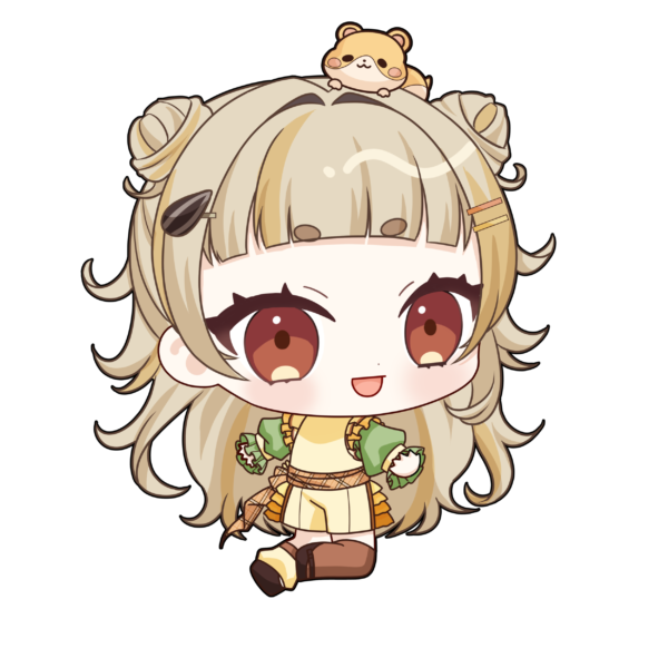 bond en, artist request, 1girl, black shoes, blonde hair, blunt bangs, bondlive, brown eyes, brown thighhighs, full body, green shirt, hair ornament, hairclip, hammy ami, hamster on head, long hair, long sleeves, looking at viewer, looking back, multicolored hair, puffy long sleeves, puffy sleeves, seed hair ornament, shirt, shoes, short eyebrows, single thighhigh, solo, streaked hair, thick eyebrows, thighhighs, two-tone hair, very long hair, virtual youtuber