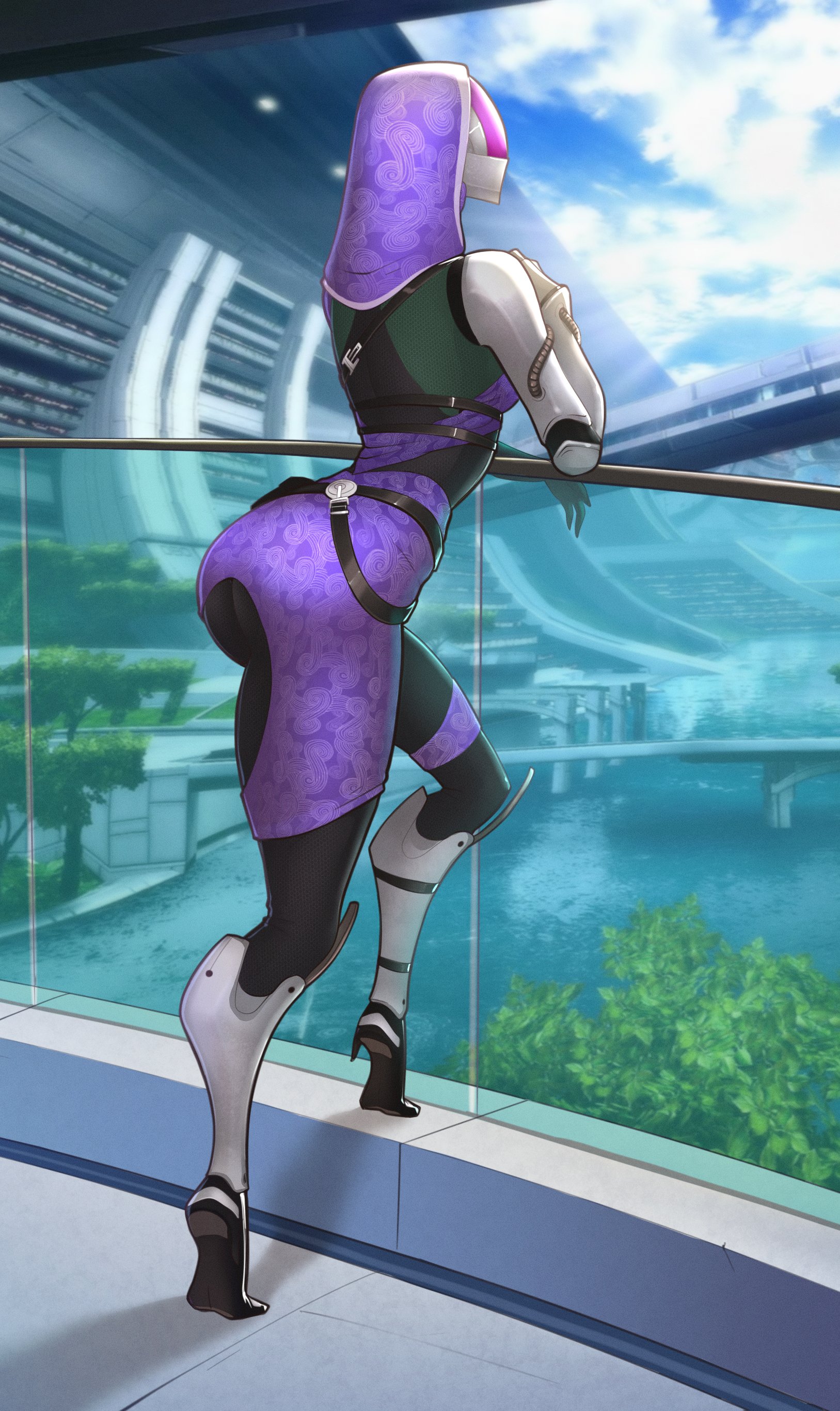 spacemaxmarine, quarian, tali'zorah, mass effect (series), absurdres, highres, 1girl, alien, ass, blue sky, city, full body, outdoors, science fiction, sky, solo, tiptoes, tree
