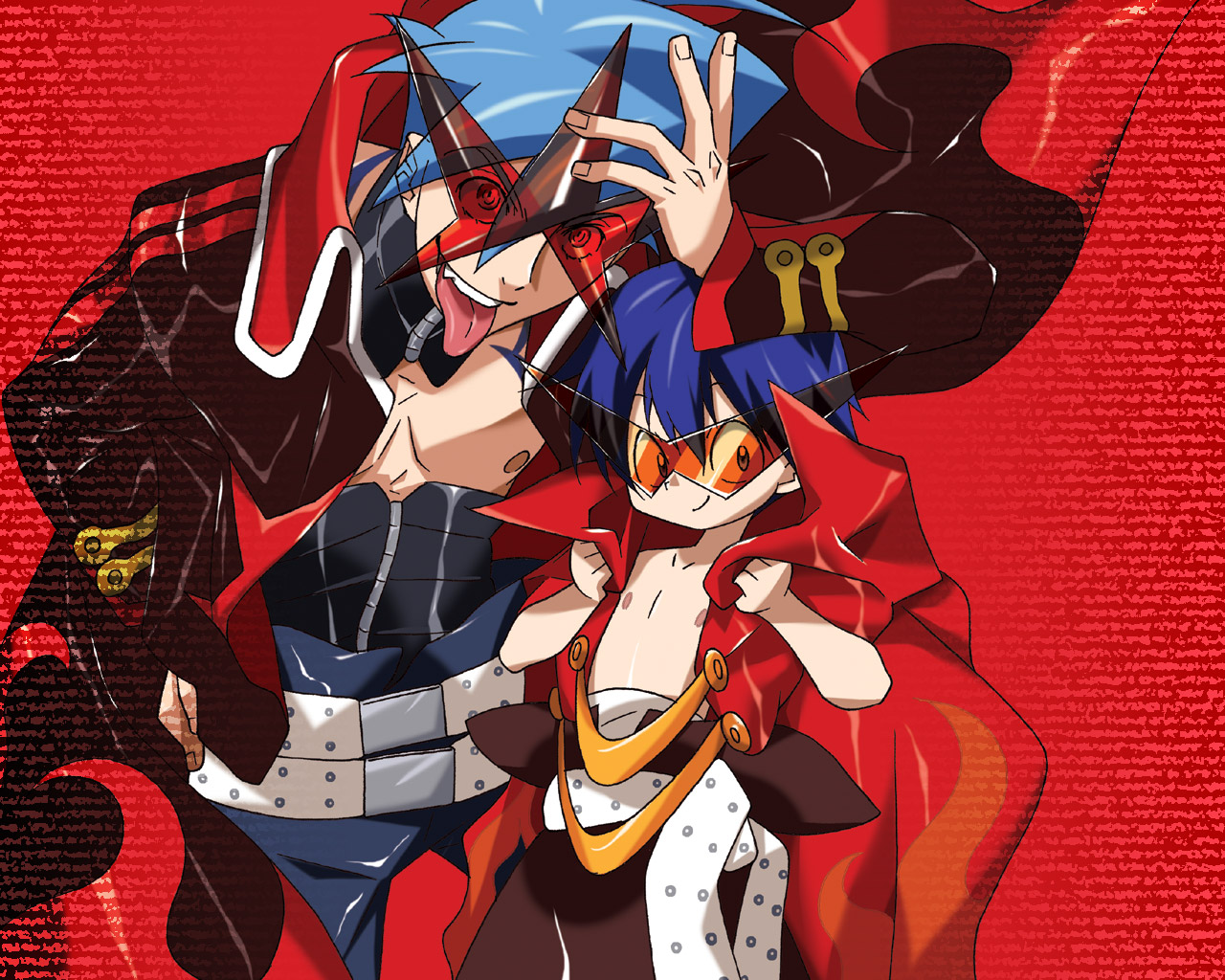 shio musubi, kamina (ttgl), simon (ttgl), tengen toppa gurren lagann, 2boys, aged down, blue hair, bodypaint, cape, cosplay, costume switch, glasses, kamina (cosplay), kamina shades, male focus, multiple boys, simon (cosplay), tongue, triangular eyewear