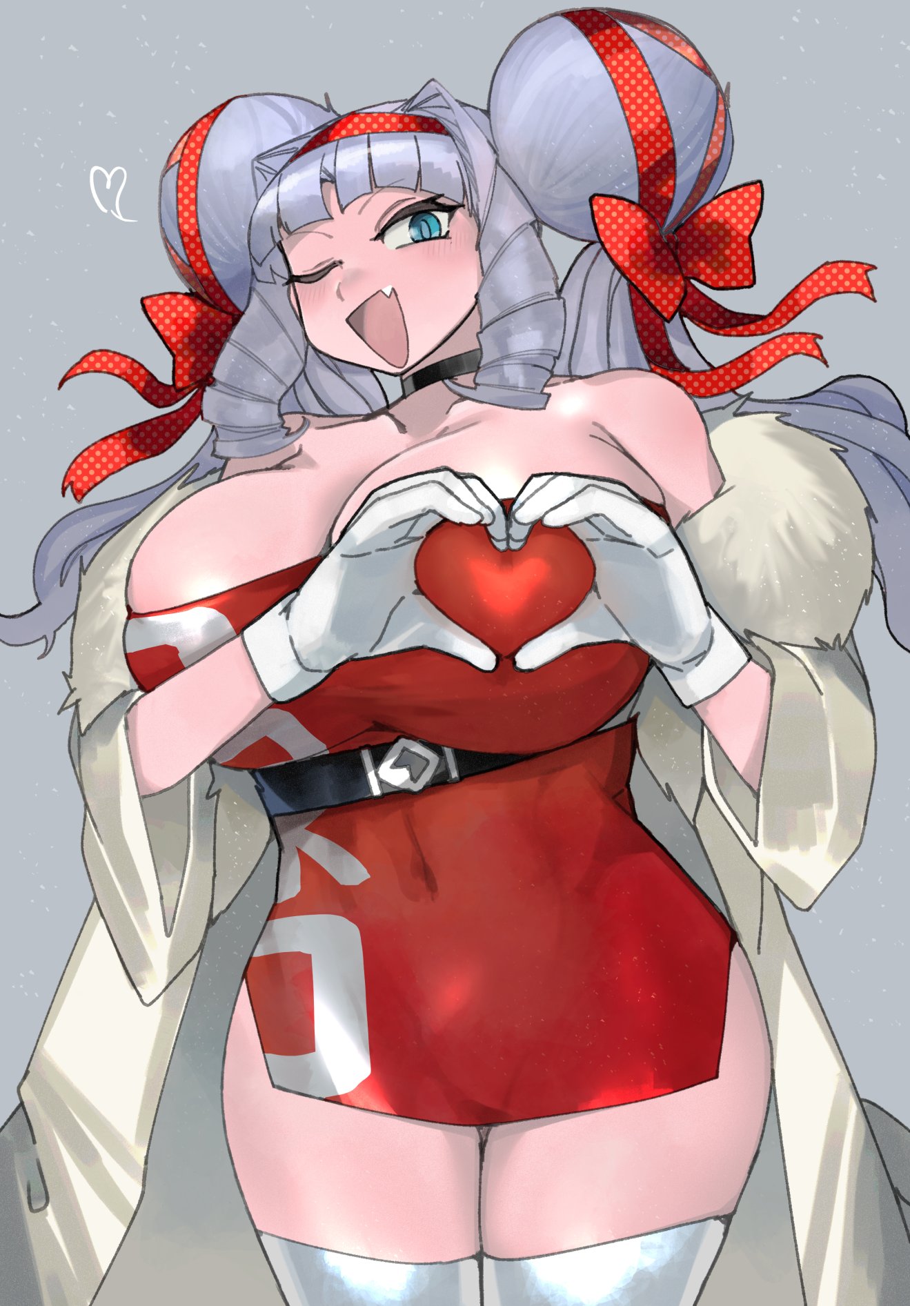 nikukaiq, fujido oriko, giant ojou-sama, highres, 1girl, big hair, blue eyes, breasts, coat, cropped legs, double bun, dress, drill hair, fur coat, gloves, grey hair, hair bun, hair ribbon, heart, heart hands, huge breasts, large breasts, long hair, open mouth, red dress, red ribbon, ribbon, short dress, solo, standing, strapless, strapless dress, white gloves