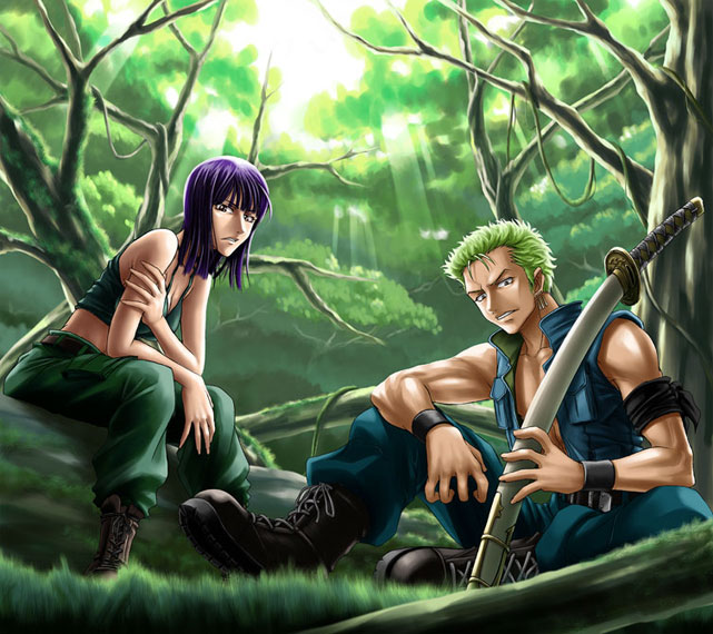 kagami hirotaka, nico robin, roronoa zoro, one piece, 1boy, 1girl, bandana, boots, breast pocket, day, earrings, forest, green hair, jewelry, katana, muscular, nature, open clothes, outdoors, plant, pocket, purple hair, sitting, sword, tree, vest, vines, weapon