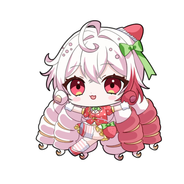 bond en, artist request, 1girl, :3, ahoge, blush, bondlive, chibi, chibi only, food, food-themed bag, fruit, full body, gloves, imi nemmy, long hair, multicolored hair, open mouth, pink thighhighs, red eyes, red hair, red shoes, shoes, simple background, solo, strawberry, striped clothes, striped thighhighs, thighhighs, transparent background, two-tone hair, two-tone thighhighs, very long hair, virtual youtuber, white gloves, white hair, white thighhighs