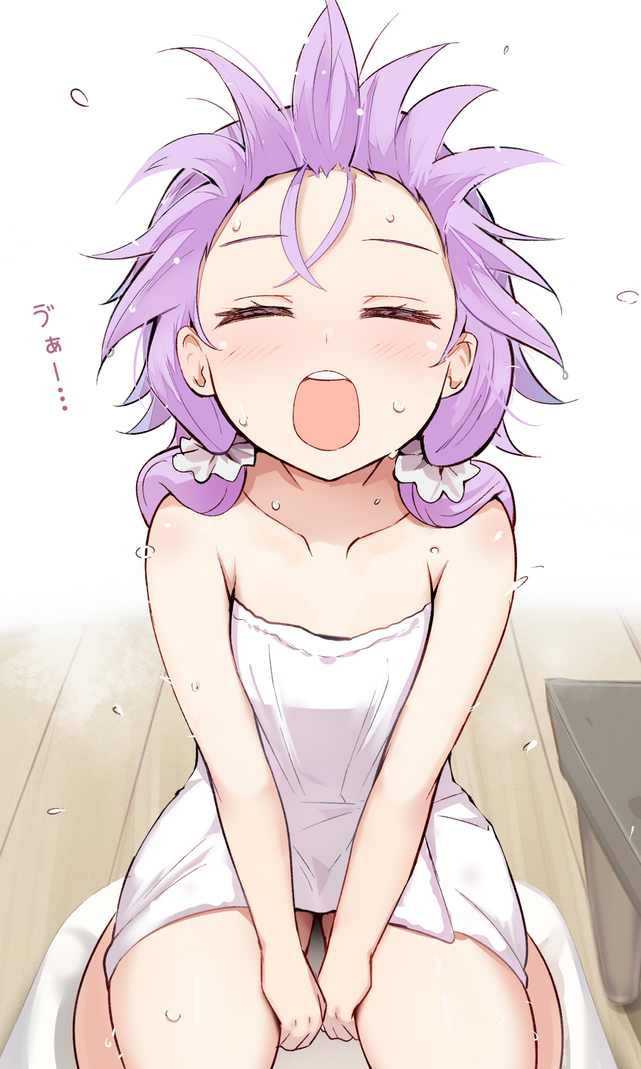 efe, yuzuki yukari, vocaloid, voiceroid, commentary request, highres, translation request, 1girl, :d, after bathing, bare arms, bare legs, bare shoulders, between legs, blush, breasts, closed eyes, collarbone, facing viewer, forehead, hair ornament, hair scrunchie, hand between legs, long hair, naked towel, open mouth, purple hair, round teeth, scrunchie, seiza, short hair with long locks, sitting, small breasts, smile, solo, teeth, thighs, towel, upper teeth only, wet, white scrunchie, wooden floor