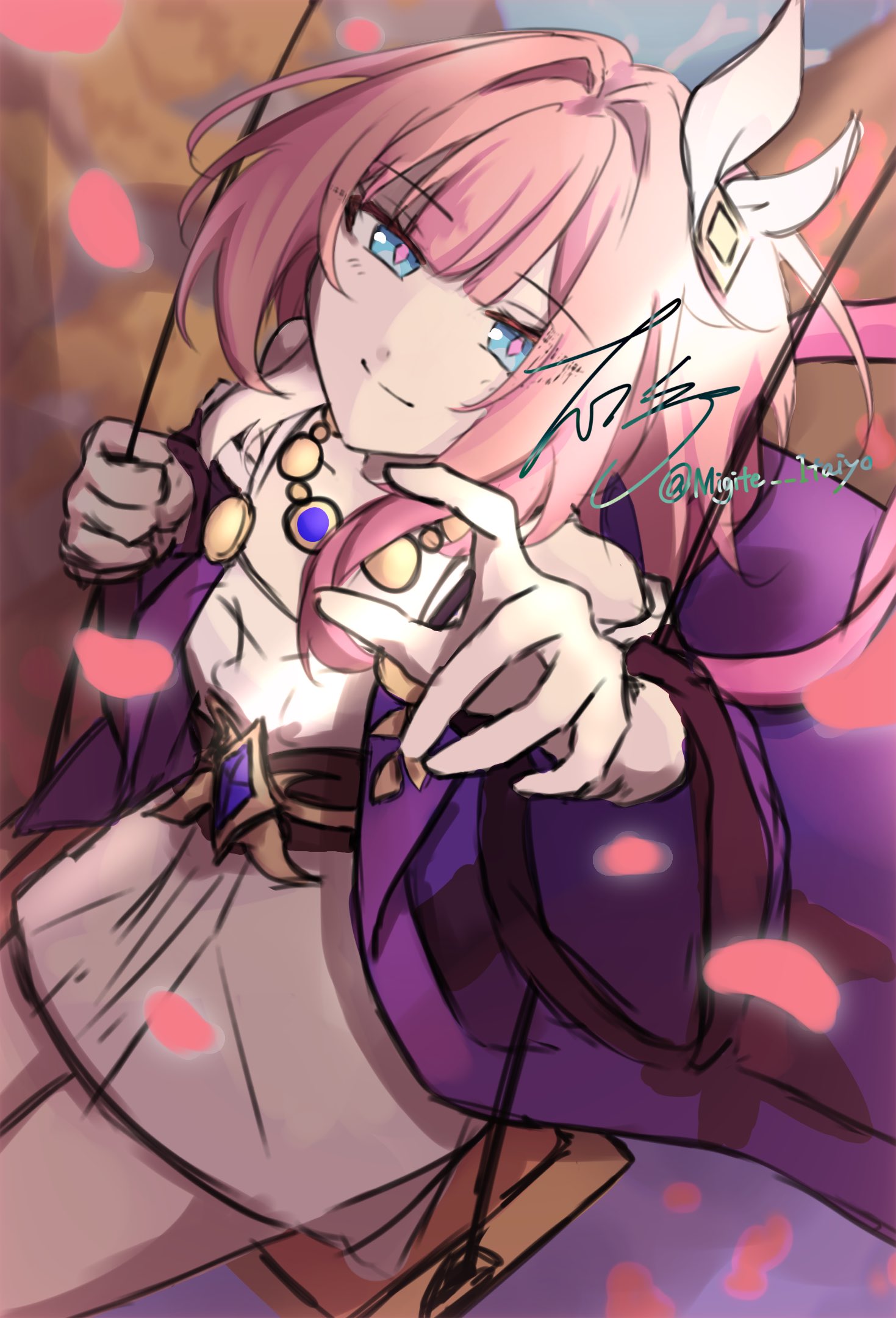 cyrene (honkai: star rail), honkai: star rail, honkai (series), commentary request, highres, 1girl, blue eyes, breasts, coat, cyrene (aedes elysiae) (honkai: star rail), dress, falling petals, hair ornament, jewelry, looking at viewer, migite itaiyo, multicolored hair, necklace, on swing, outdoors, petals, pink hair, purple coat, reaching, reaching towards viewer, short hair, small breasts, smile, solo, swing, two-tone hair, white dress, white hair