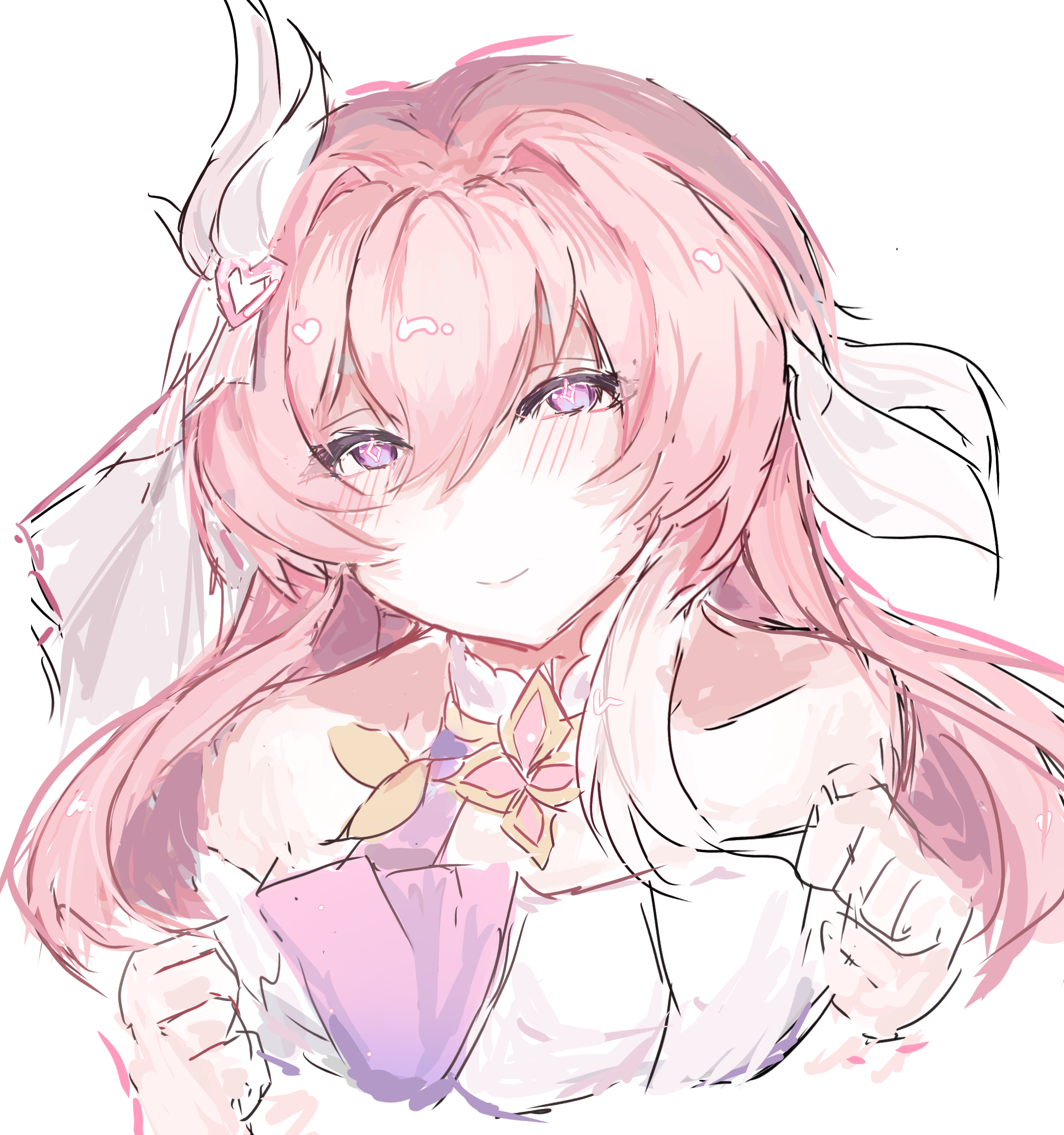 elysia (herrscher of human: ego) (honkai impact), elysia (honkai impact), honkai (series), honkai impact 3rd, chinese commentary, commentary request, highres, 1girl, bare shoulders, breasts, corset, diamond-shaped pupils, diamond (shape), hair ornament, long hair, looking at viewer, medium breasts, multicolored hair, pengyuyan73650, pink hair, purple eyes, simple background, smile, solo, symbol-shaped pupils, two-tone hair, upper body, very long hair, white background, white corset, white hair
